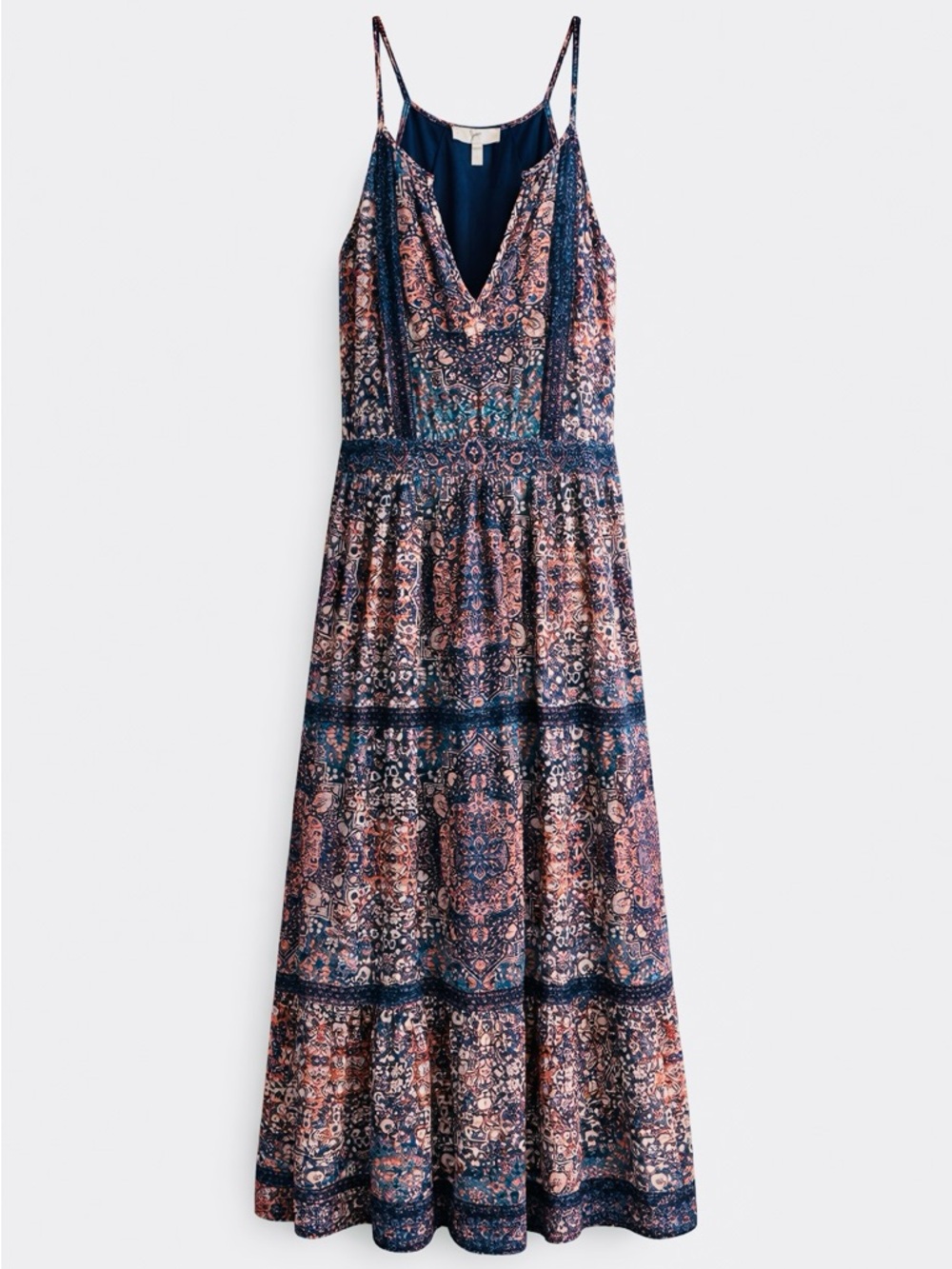 Joie 100% Silk Printed Midi Dress Boho Sleeveless V Neck Flowy Tiered Blue Pink